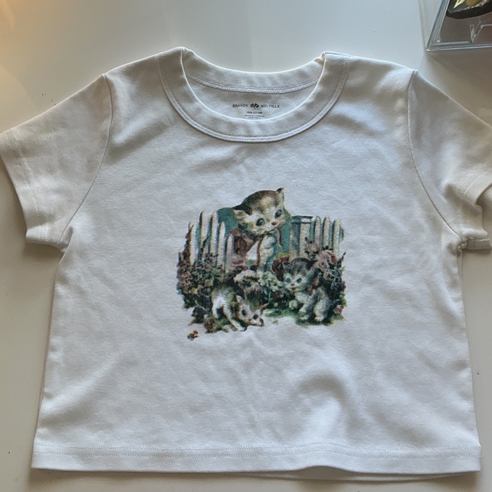 Brandy Melville White Tee with Vintage Cat Design